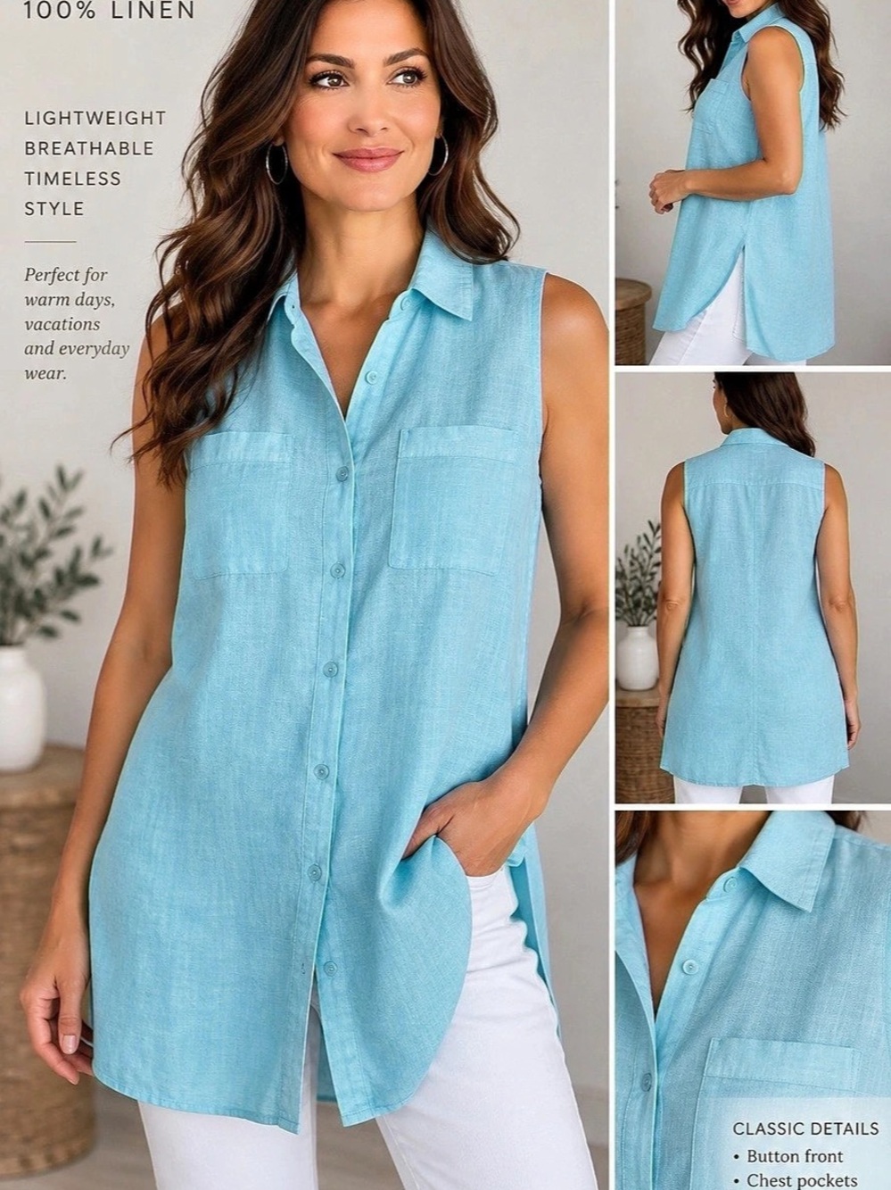 Chico's Linen Sleeveless Button-Front Tunic Blue Size 3